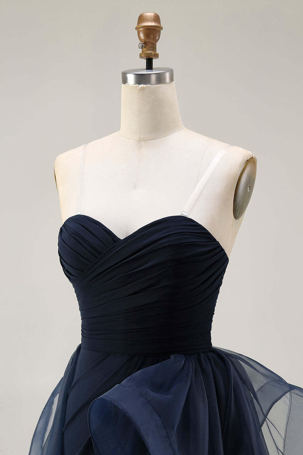 Navy Satin Mermaid Strapless Long Ruffled Prom Dress with Cape