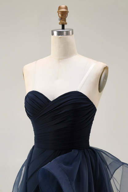 Navy Satin Mermaid Strapless Long Ruffled Prom Dress with Cape