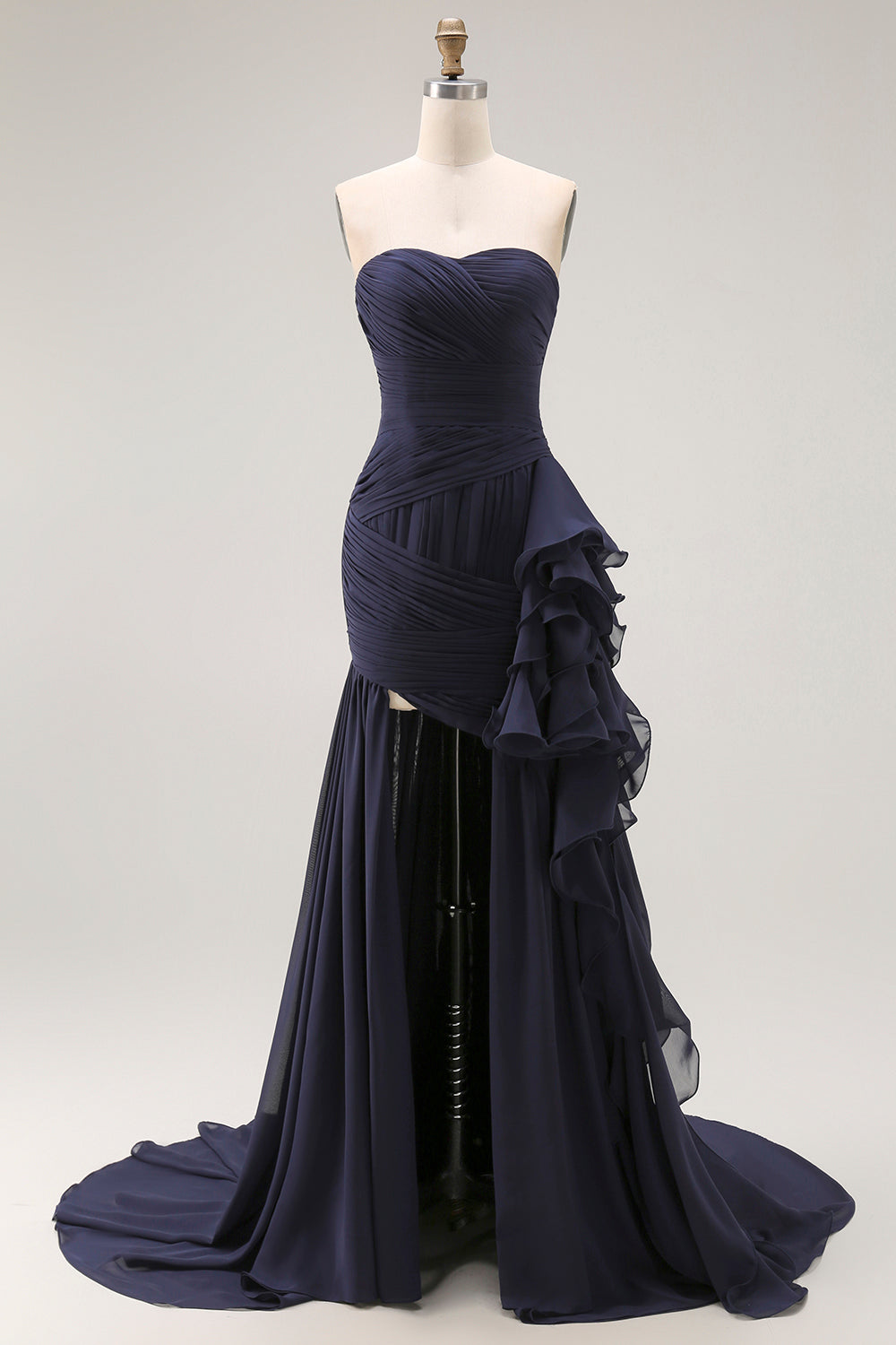 Leely Women Navy Ruffled Mermaid Long Prom Dress with Side Cape Ruched Strapless Evening Dress with Slit