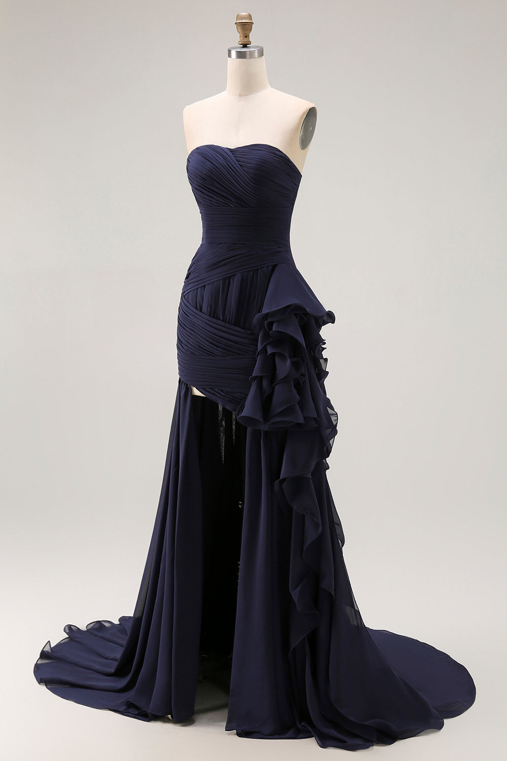 Navy Ruffled Mermaid Strapless Long Formal Dress with Side Cape
