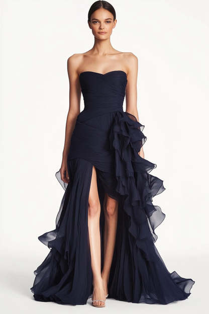 Leely Women Sweetheart Mermaid Navy Ruched Formal Dress with Slit Strapless Ruffled Floor Length Wedding Guest Dress