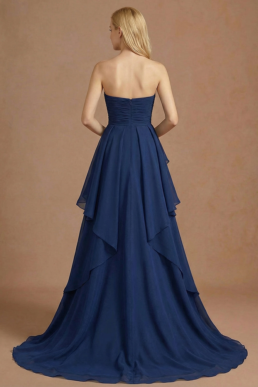 Navy A Line Sweetheart Ruffled Backless Long Prom Dress