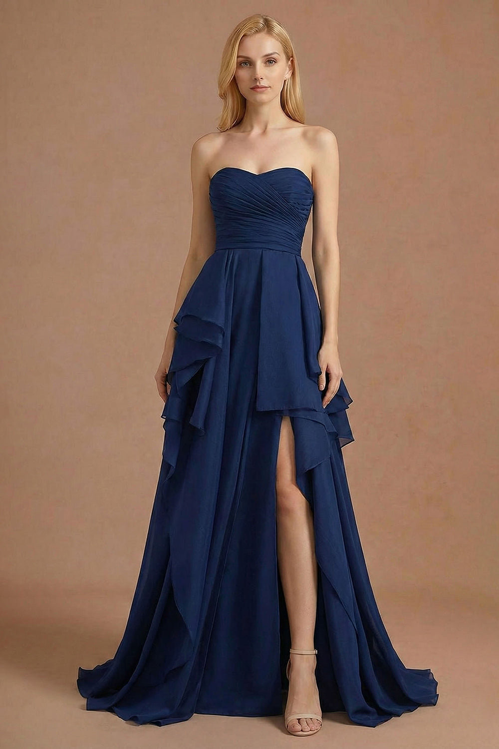 Navy A Line Sweetheart Ruffled Backless Long Prom Dress
