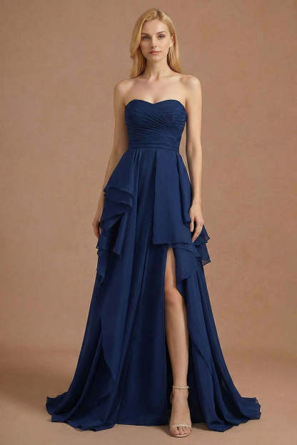 Leely Women Navy Sweetheart A Line Ruffled Long Prom Dress with Slit Ruched Backless Sleeves Red Carpet Dress