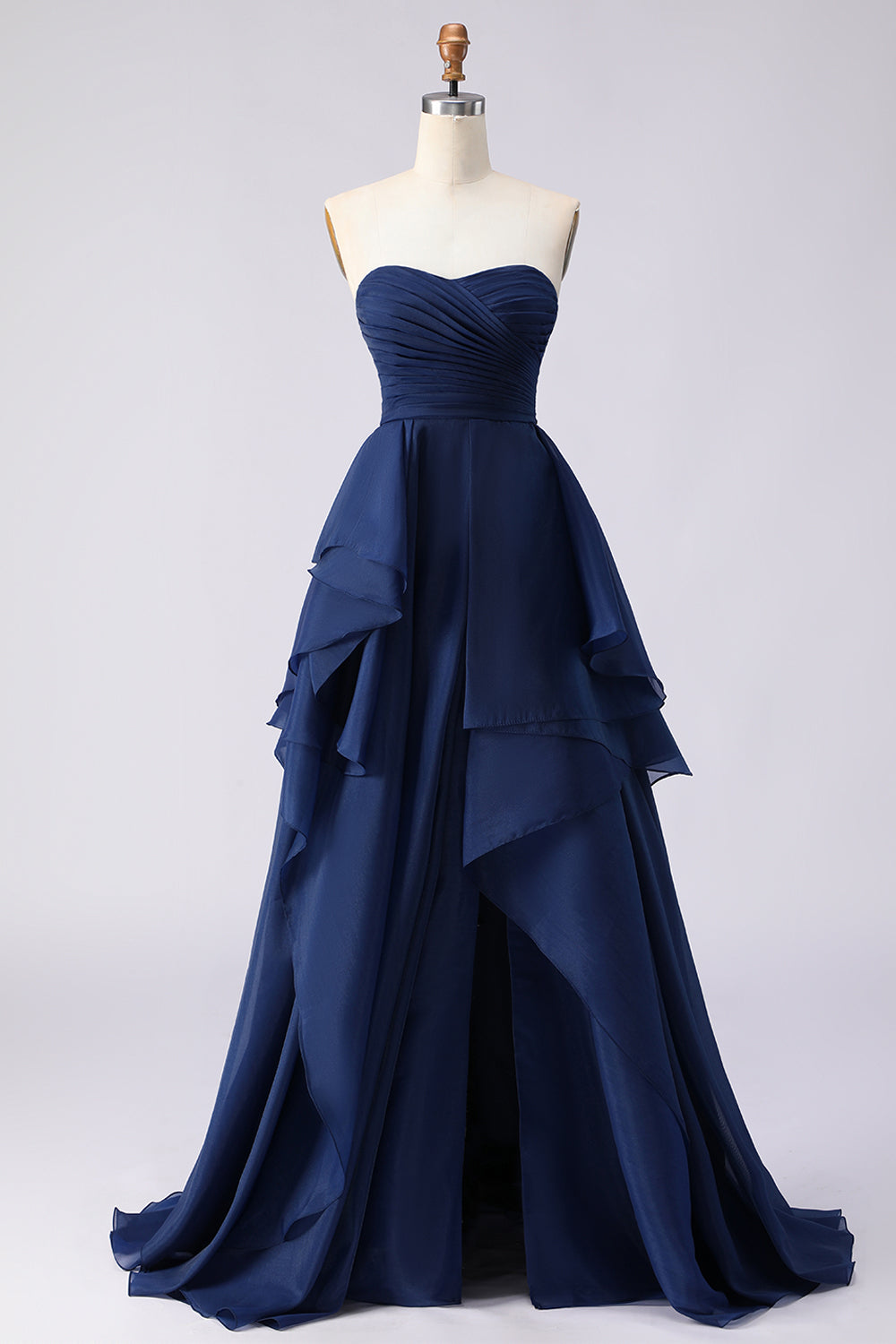 Navy A Line Sweetheart Ruffled Backless Long Prom Dress