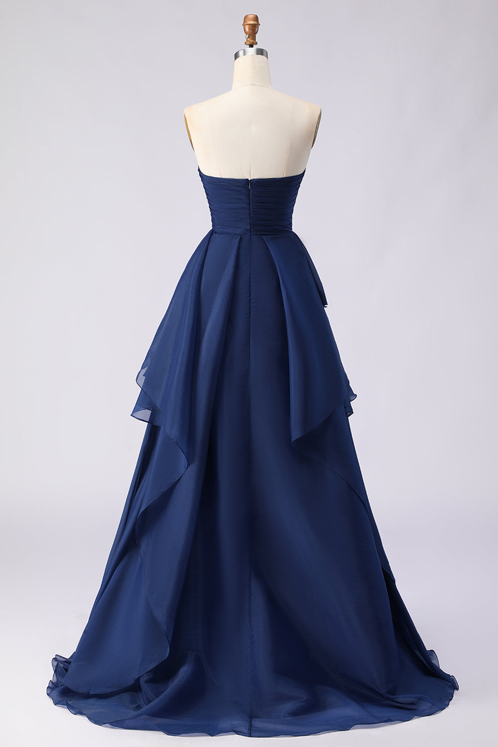 Navy A Line Sweetheart Ruffled Backless Long Prom Dress