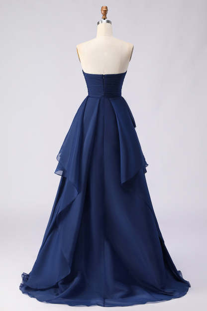 Navy A Line Sweetheart Ruffled Backless Long Prom Dress