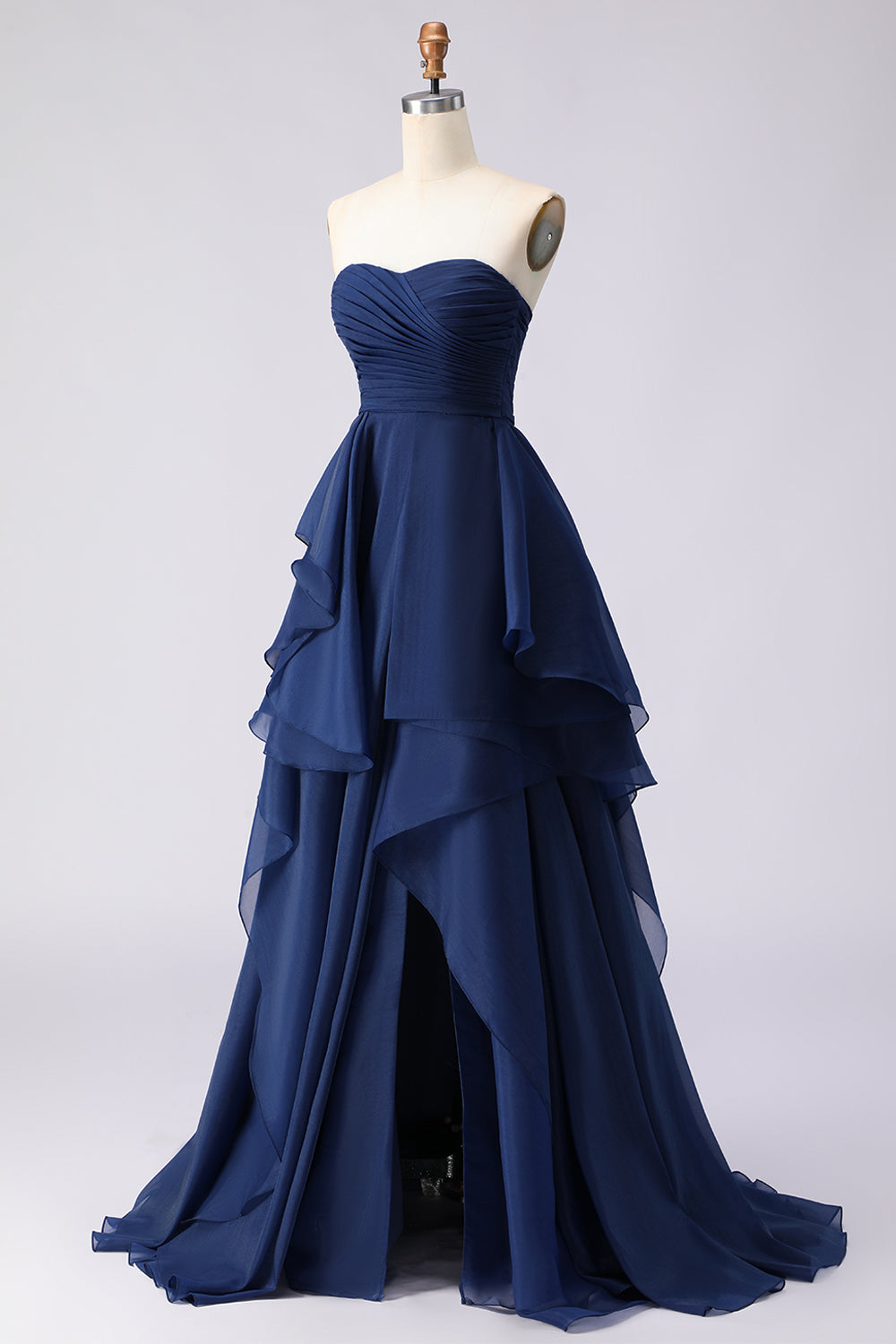 Navy A Line Sweetheart Ruffled Backless Long Prom Dress