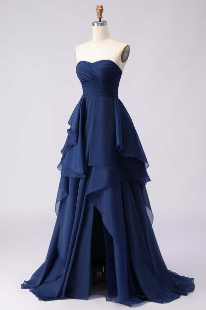 Navy A Line Sweetheart Ruffled Backless Long Prom Dress