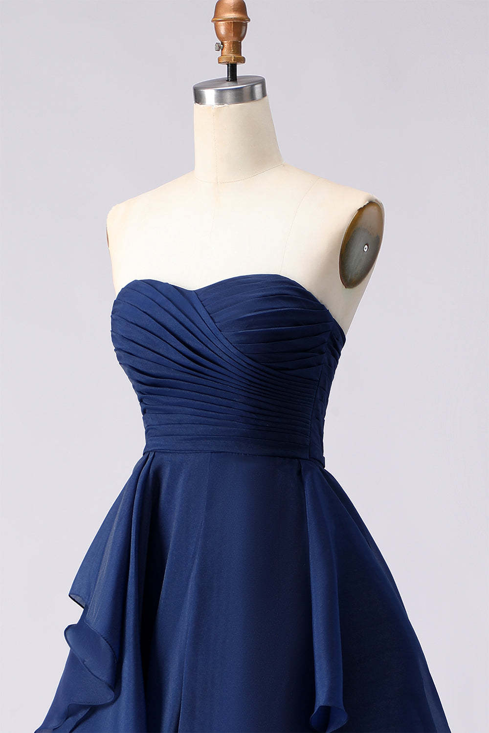 Navy A Line Sweetheart Ruffled Backless Long Prom Dress