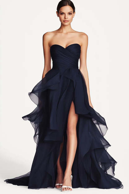 Leely Women Sweetheart A Line Navy Formal Dress with Slit Strapless Ruffled Floor Length Wedding Guest Dress