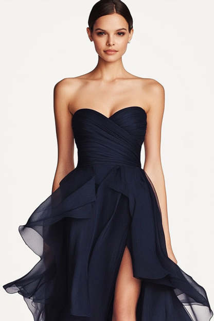 A Line Navy Sweetheart Ruffled Formal Dress with Slit