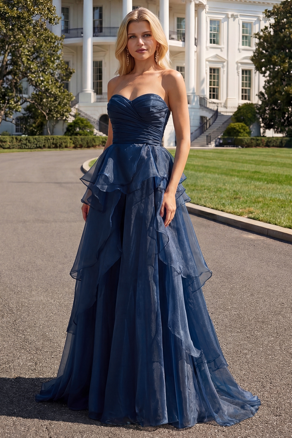 A Line Navy Sweetheart Flowy Maxi Formal Dress with Ruffles