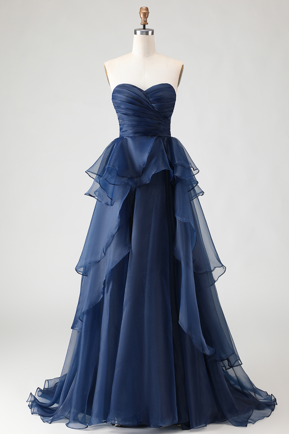 A Line Navy Sweetheart Flowy Maxi Formal Dress with Ruffles