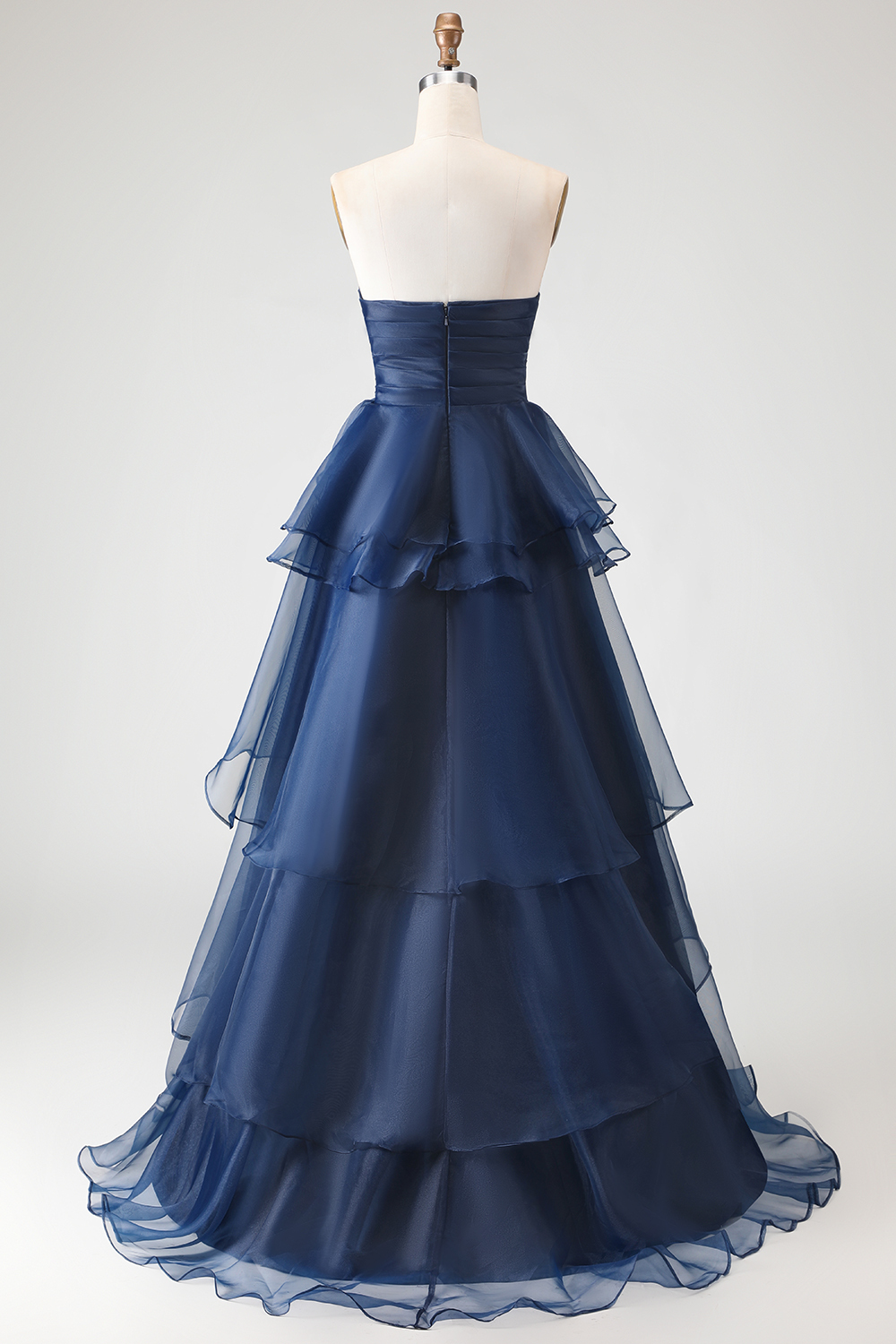 A Line Navy Sweetheart Flowy Maxi Formal Dress with Ruffles