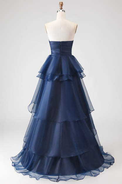 A Line Navy Sweetheart Flowy Maxi Formal Dress with Ruffles