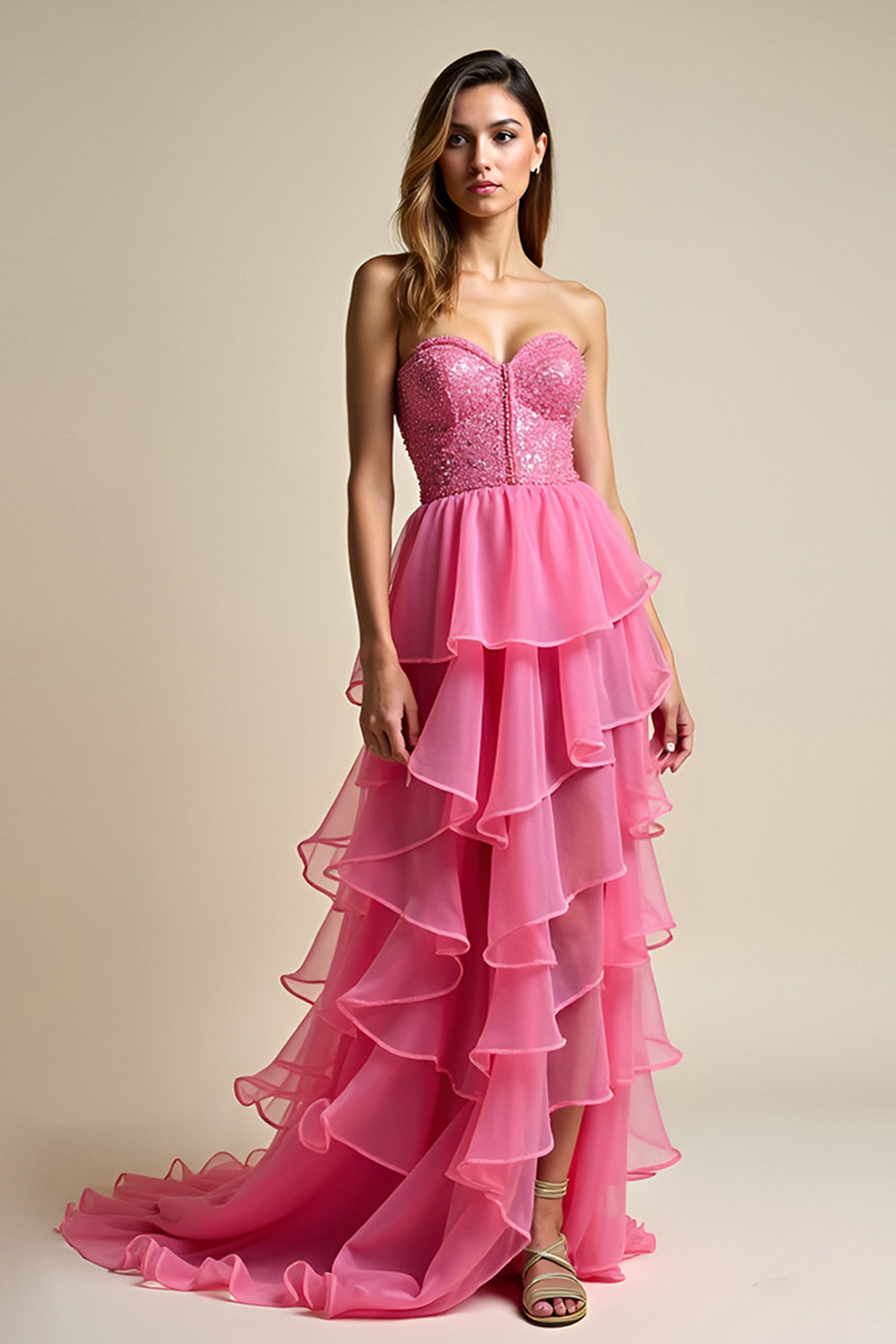 Leely Women Glitter Ruffled Coral Sweetheart Prom Dress Strapless Tiered Ruched Long Formal Dress
