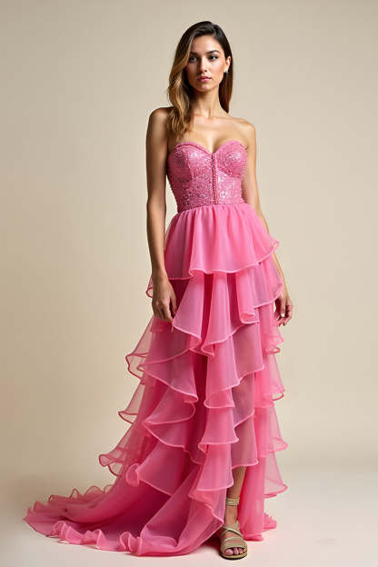 Leely Women Glitter Ruffled Coral Sweetheart Prom Dress Strapless Tiered Ruched Long Formal Dress