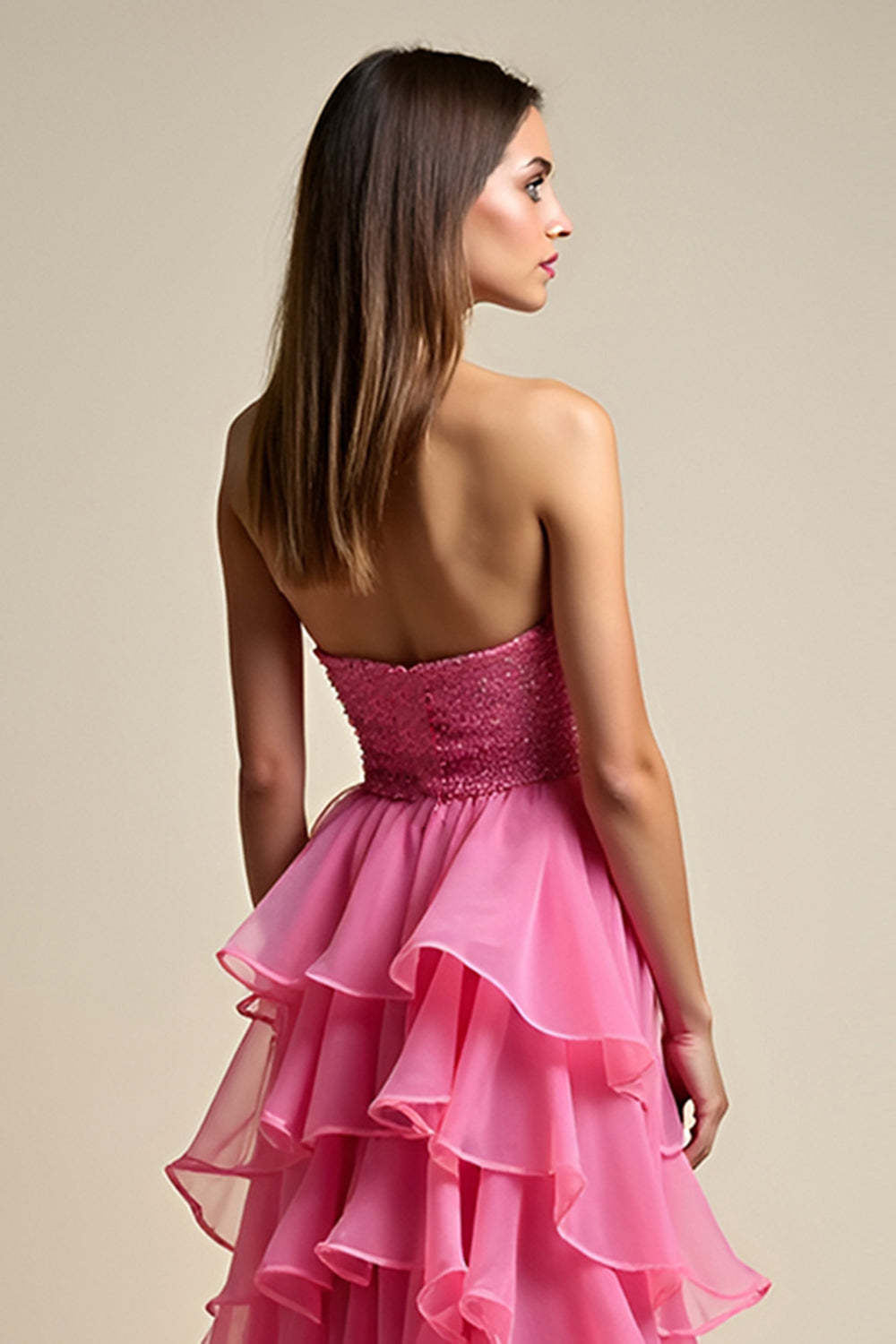 Glitter Ruffled Coral Tiered Sweetheart Long Prom Dress with Slit