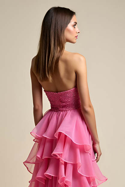 Glitter Ruffled Coral Tiered Sweetheart Long Prom Dress with Slit