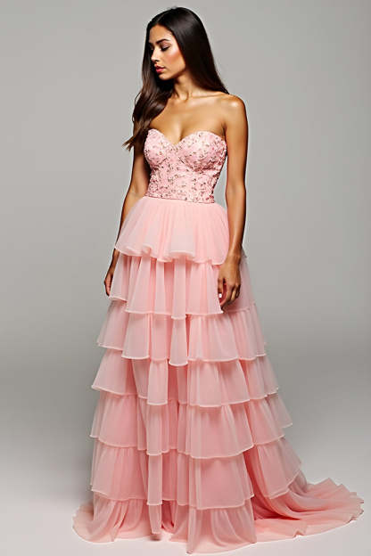 Leely Women Sweetheart Blush Corset Tiered Prom Dress with Slit A Line Ruffled Long Formal Dress