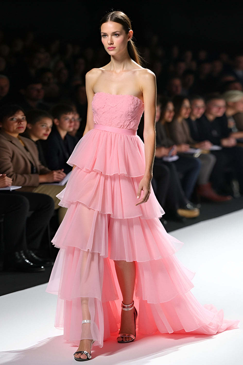 Leely Women A Line Pink Strapless Ruffle Gala Dress Tiered Tulle Strapless Ruched Long Prom Dress