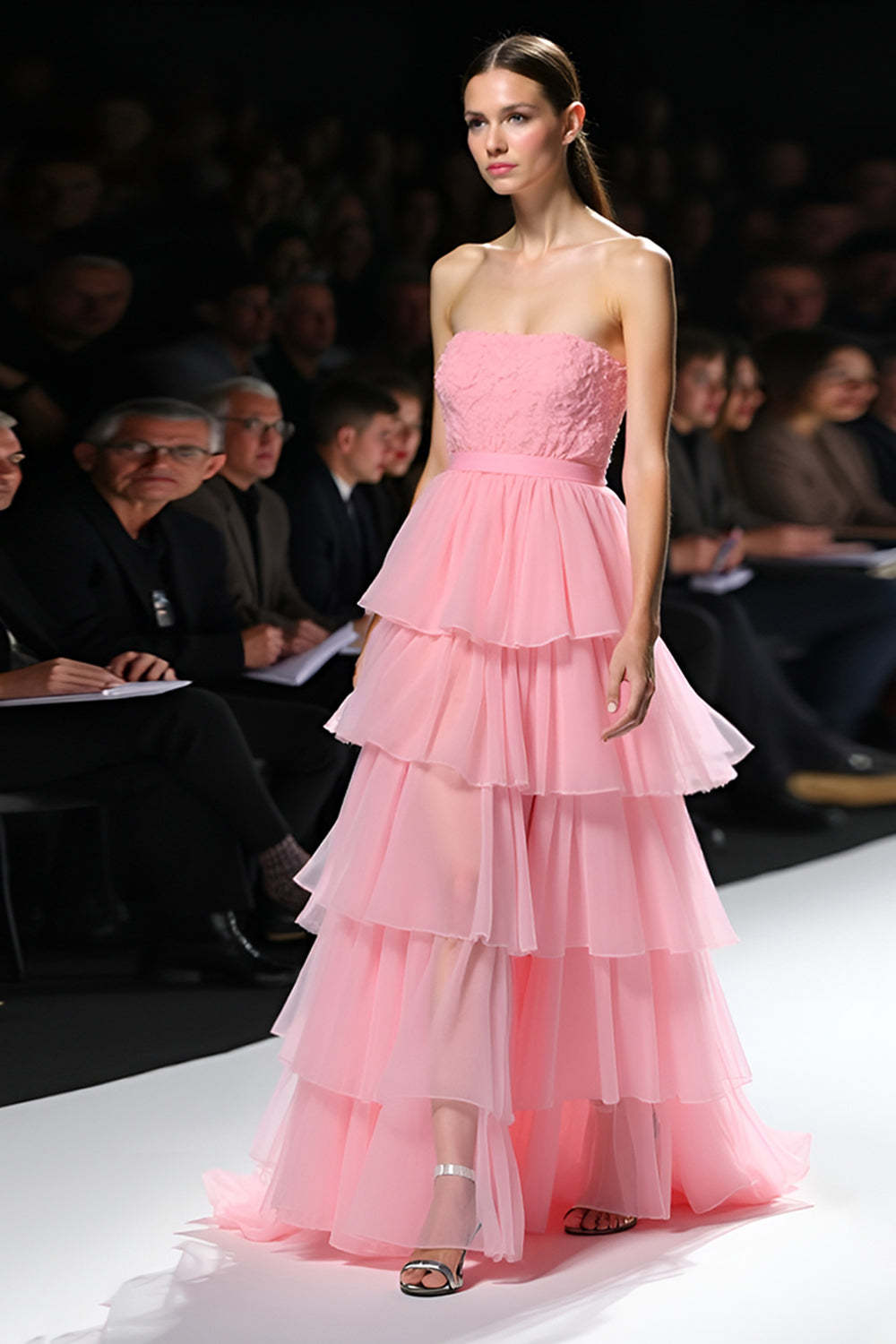 A Line Pink Strapless Ruffle Tiered Long Formal Dress with Slit