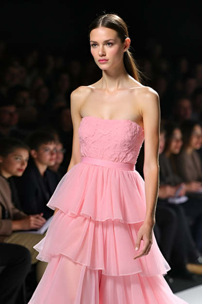 A Line Pink Strapless Ruffle Tiered Long Formal Dress with Slit