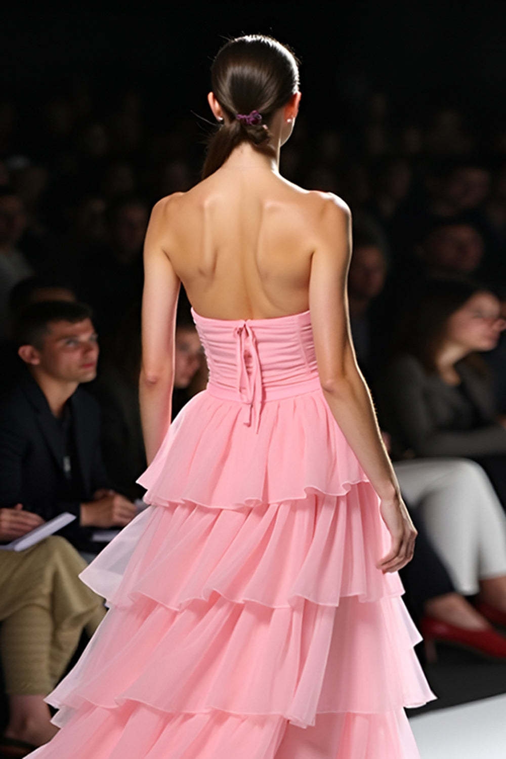 A Line Pink Strapless Ruffle Tiered Long Formal Dress with Slit