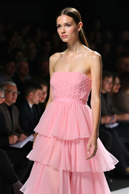 A Line Pink Strapless Ruffle Tiered Long Formal Dress with Slit