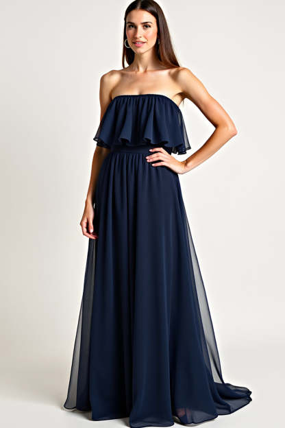 Leely Women Strapless Navy Ruched A Line Formal Dress Ruffled Backless Tulle Long Wedding Guest Dress
