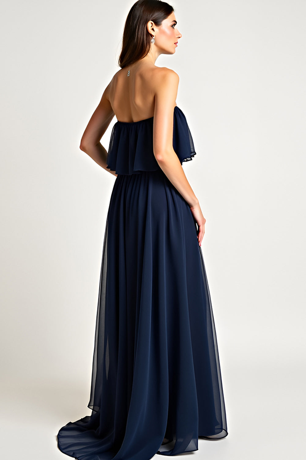 Strapless Navy Ruched A Line Long Formal Dress with Ruffles