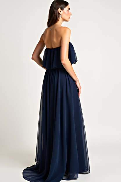 Strapless Navy Ruched A Line Long Formal Dress with Ruffles