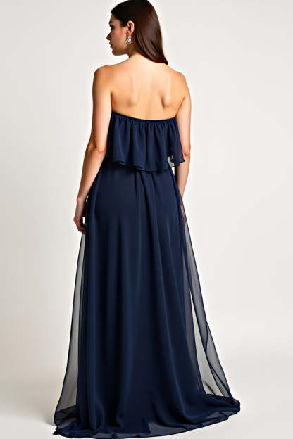 Strapless Navy Ruched A Line Long Formal Dress with Ruffles
