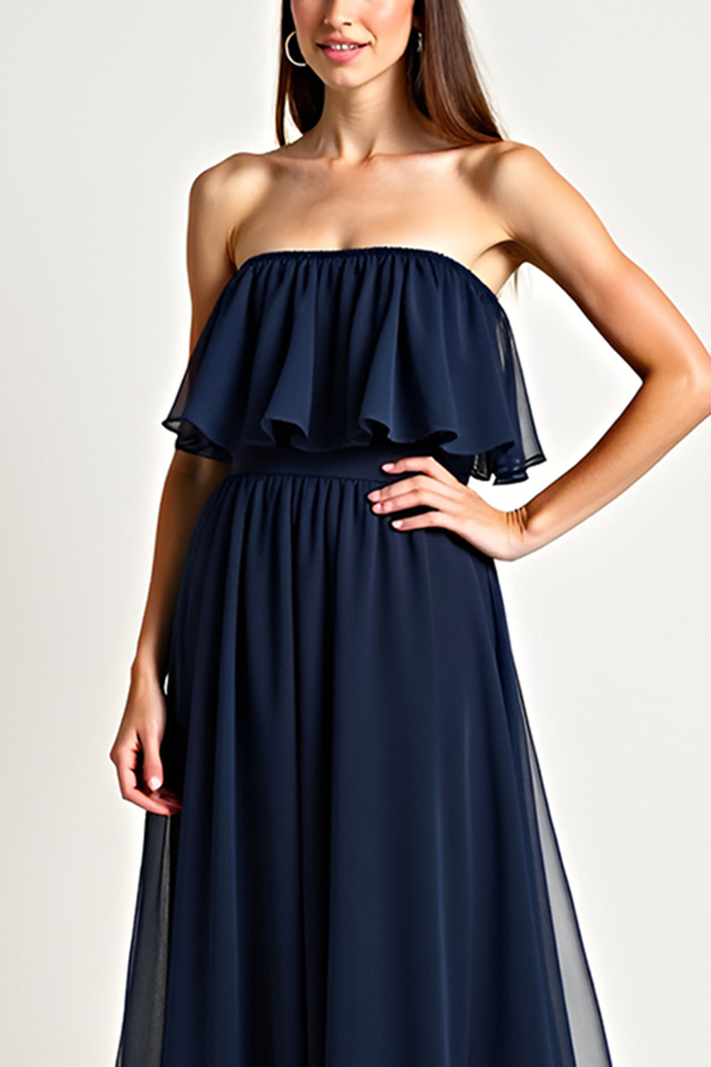 Strapless Navy Ruched A Line Long Formal Dress with Ruffles