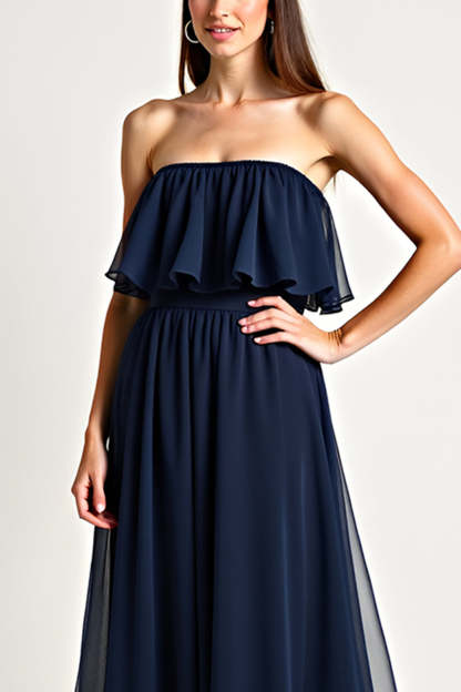Strapless Navy Ruched A Line Long Formal Dress with Ruffles