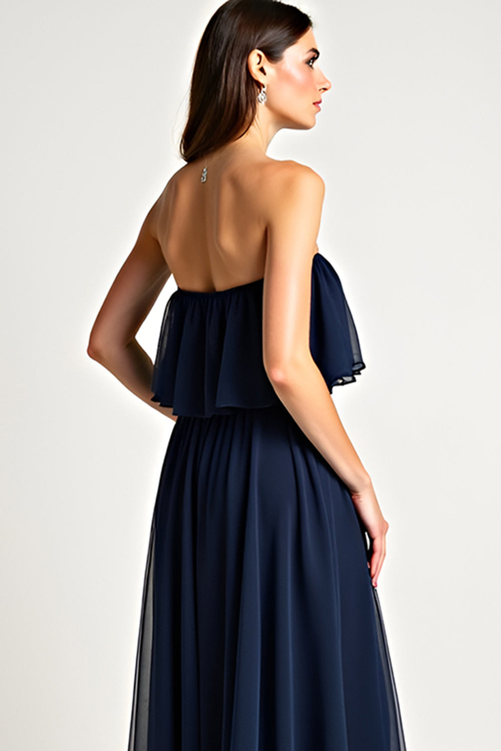 Strapless Navy Ruched A Line Long Formal Dress with Ruffles