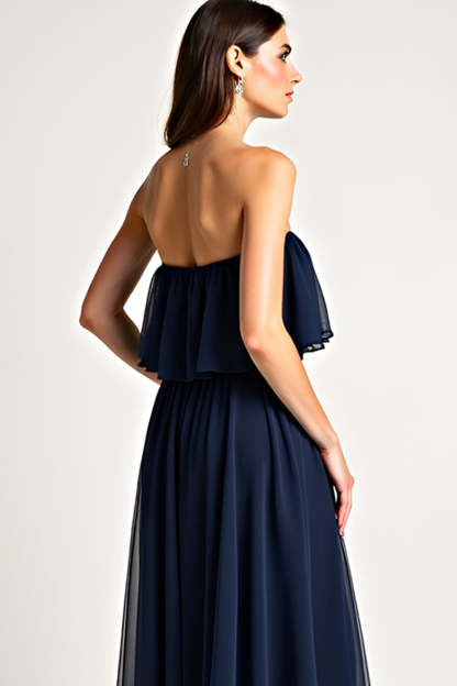 Strapless Navy Ruched A Line Long Formal Dress with Ruffles
