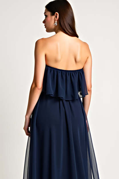 Strapless Navy Ruched A Line Long Formal Dress with Ruffles