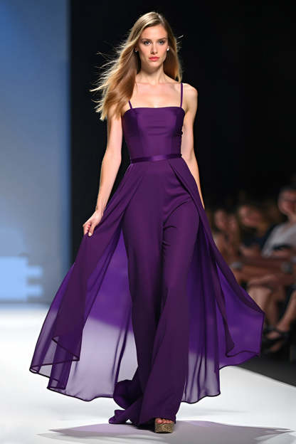 Leely Women Spaghetti Straps Dark Purple Formal Jumpsuit with Cape Backless Square Neck Long Wedding Guest Dress
