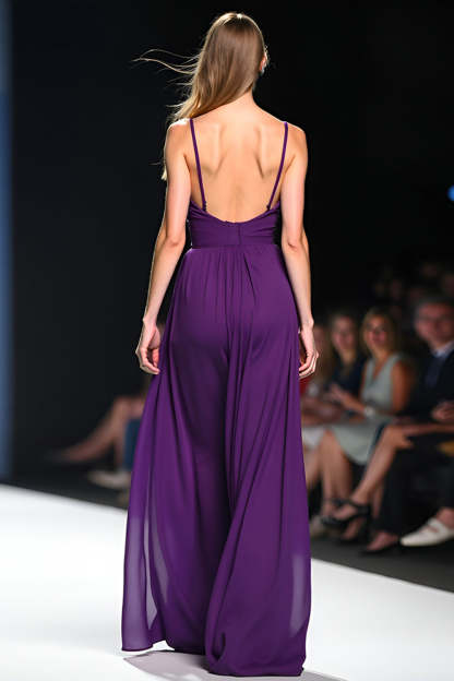 Spaghetti Straps Dark Purple Backless Long Formal Jumpsuit with Cape