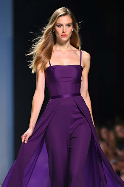 Spaghetti Straps Dark Purple Backless Long Formal Jumpsuit with Cape