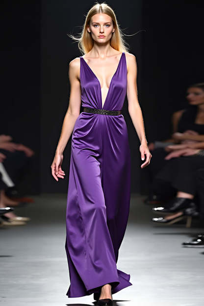 Leely Women Deep V-Neck Dark Purple Long Gala Dress with Belt Satin Backless Formal Dress