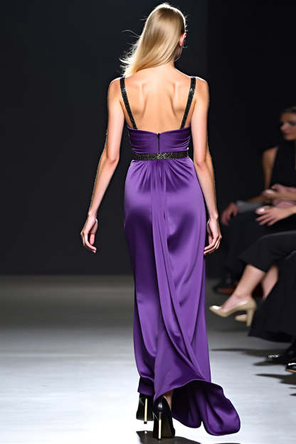 Deep V-Neck Dark Purple Long Formal Dress with Belt