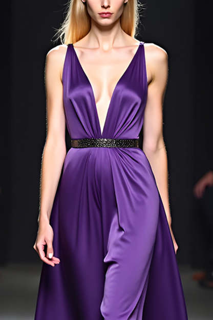 Deep V-Neck Dark Purple Long Formal Dress with Belt