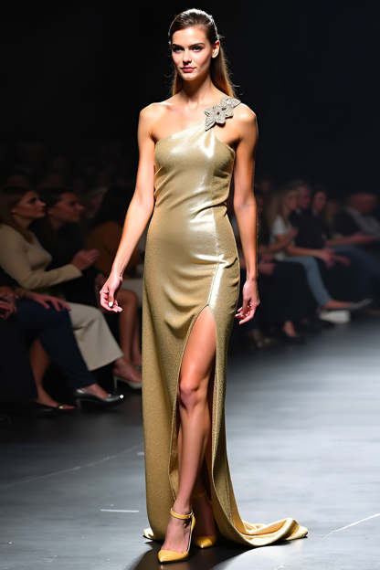 Golden Sheath One Shoulder Long Backless Formal Dress with Slit