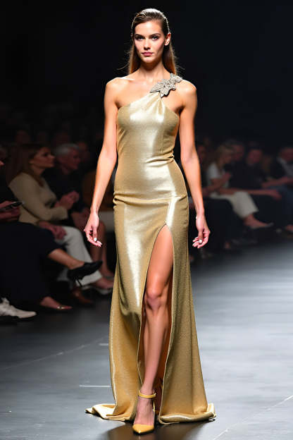 Leely Women Golden Sheath Gala Dress with Slit Long One Shoulder Formal Dress