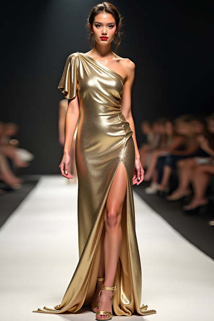 Leely Women Metallic One Shoulder Golden Sheath Gala Dress with Slit Glitter Ruched Long Formal Dress