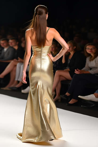 Sweetheart One Shoulder Golden Long Formal Dress with Slit