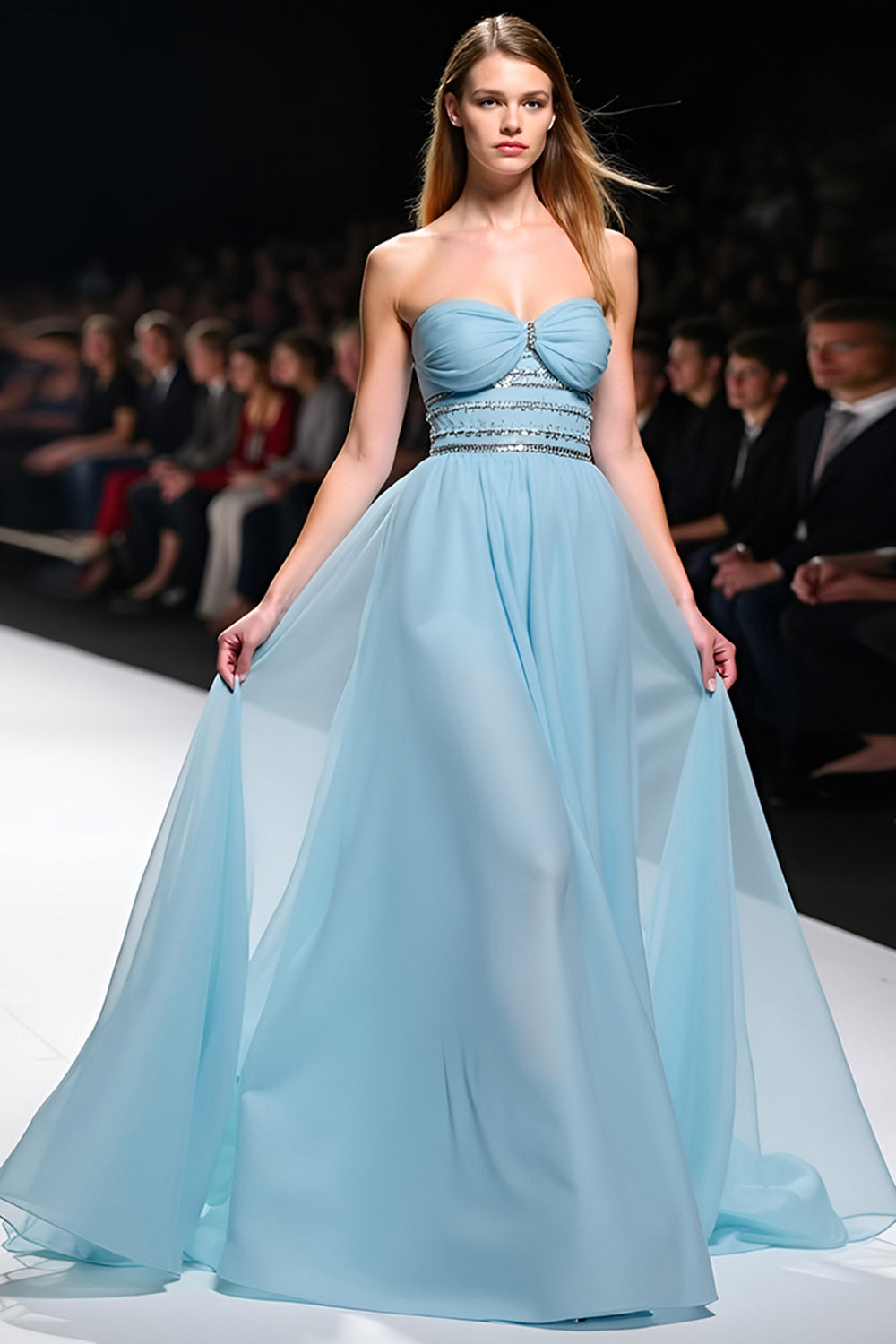Grey Blue A Line Strapless Corset Long Formal Dress